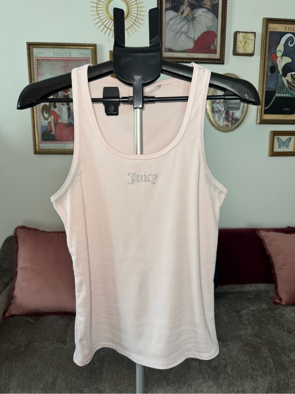 Juicy Couture Light Pink Ribbed Tank with Rhinestone 'Juicy' Logo